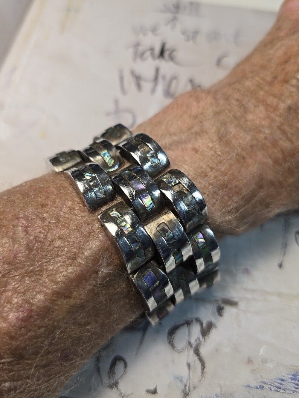 Vintage 1970's Handmade .925 Silver-Link Abalone Inlay Bracelet 7"